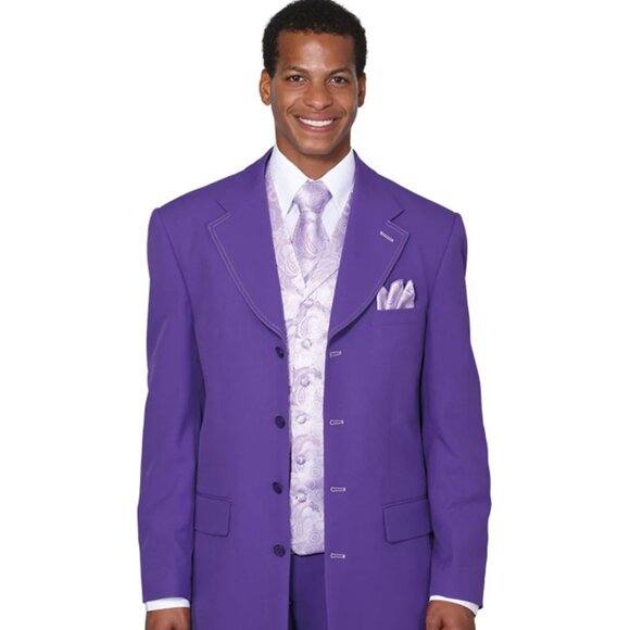 Mens Button Wide Notch Lapel Fashion Suit in Purple